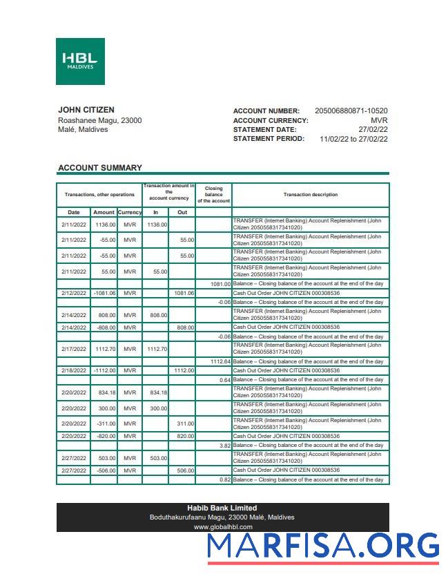 Printable Maldives HBL bank statement excel template